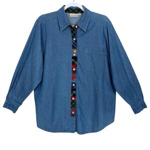 Vintage Susan Bristol Denim Button Front Shirt  Plaid Flannel Trim Size 1W
